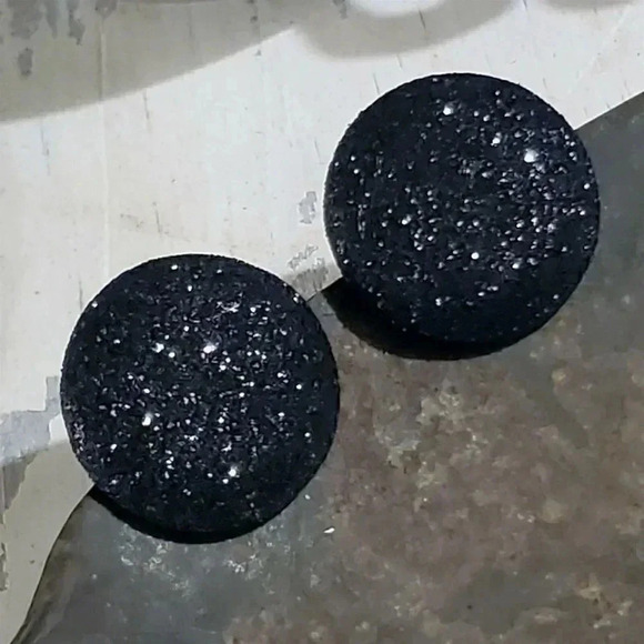 Retro 80s Club Glam Disco Sparkly Jet Black Fabric Button Earrings - Picture 4 of 8